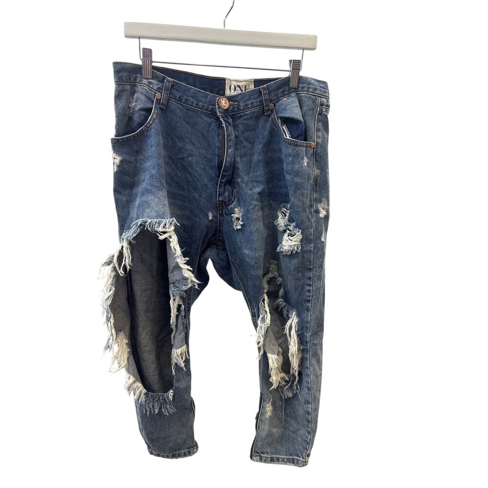 One Teaspoon Sz 28 Kingpins Drop Crotch Low Waist Cropped Destroyed Rip Jeans